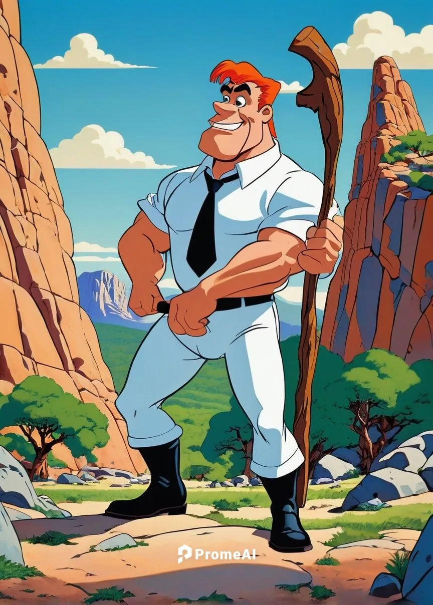 Fred Flintstone, caveman, muscular man, orange hair, thick eyebrows, white shirt with black tie, blue pants, black boots, holding club, standing, Bedrock, prehistoric landscape, rocky mountains, green