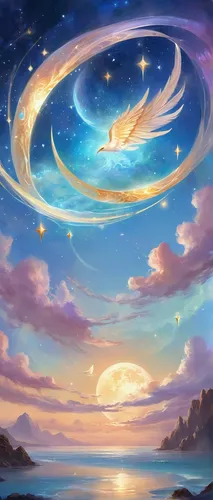 star winds,moon and star background,celestial event,stars and moon,fairy galaxy,starry sky,star sky,cosmos wind,sunburst background,starscape,celestial bodies,celestial,falling stars,rainbow and stars,spiral background,ocean background,moon and star,night sky,colorful stars,constellation swan,Illustration,Realistic Fantasy,Realistic Fantasy 01