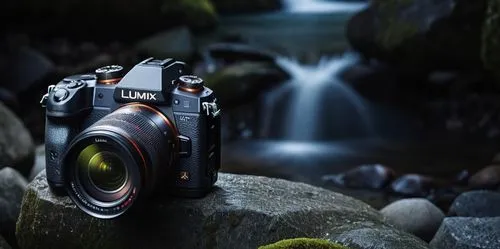 a lumix camera social media poster design in a dark place,a camera on a rock next to a water fall,slr camera,canon 5d mark ii,dslrs,photographie,sony alpha 7,hasselblad,Photography,General,Realistic