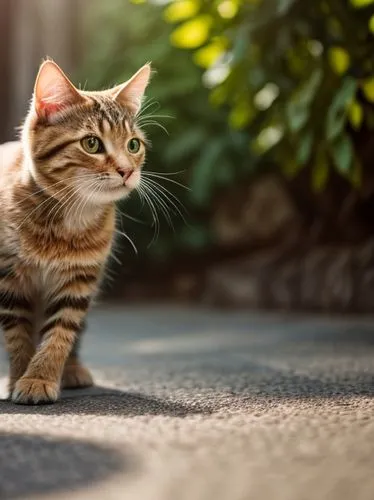 a cute tabby cat playing with a fish, daylight sunshine, high contrast lighting, photorealistic 8k resolution.,american bobtail,street cat,feral cat,american shorthair,domestic short-haired cat,catwal