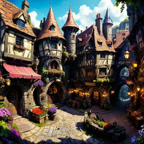 fairy village,knight village,aurora village,escher village,sylvania,medieval town,Conceptual Art,Fantasy,Fantasy 26