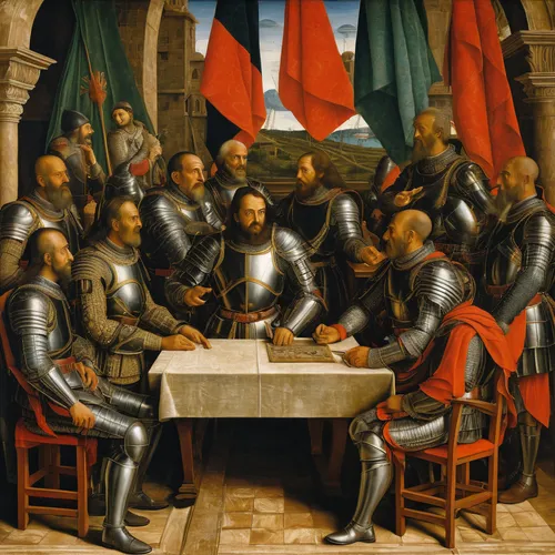 the order of cistercians,round table,columbus day,carpaccio,christopher columbus's ashes,the portuguese,bellini,conquistador,raffaello da montelupo,last supper,long table,meticulous painting,brazilian monarchy,the conference,the order of the fields,seven citizens of the country,the dining board,veneto,lombardy,galicia,Art,Classical Oil Painting,Classical Oil Painting 19