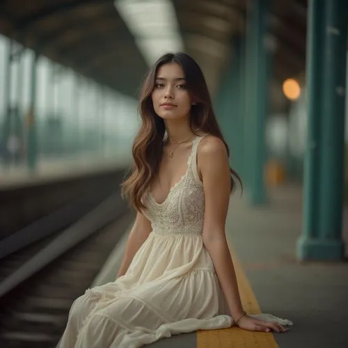 girl in a long dress,the girl at the station,elegant,long dress,girl in white dress,a girl in a dress