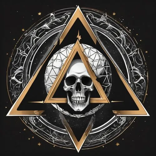 Fais moi un logo de complot fantasy 
une sorte de triangle avec au dessus une étoies à douze cotées fusionner et un oeuil et un crane 

sans écriture  ,a skeleton wearing a black shirt with gold geome