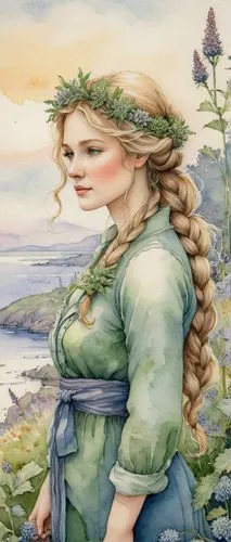 jessamine,celtic queen,fae,cape marguerite,elven flower,angelica,faery,the sea maid,eglantine,kate greenaway,flora,distaff thistles,celtic woman,sea-lavender,girl picking flowers,free land-rose,little girl in wind,windflower,faerie,woman of straw,Illustration,Retro,Retro 19