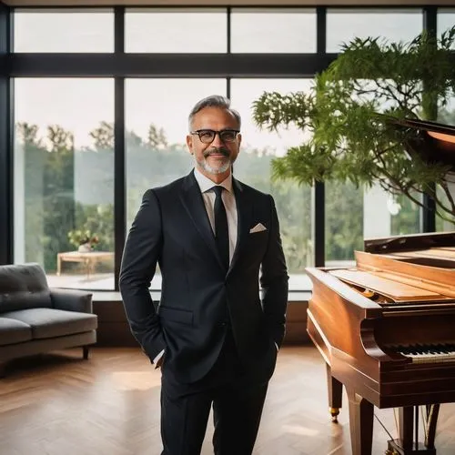 Middle-aged chief architect, mature gentleman, bespectacled, short hair, formal attire, black suit, white shirt, black tie, holding blueprints, standing in a luxurious modern villa, large glass window