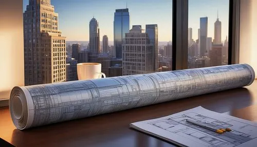 Architectural drawing, blueprints, rolled up, wooden desk, office supplies, coffee cup, modern lamp, window with city view, morning light, subtle shadows, detailed textures, realistic materials, 3/4 c