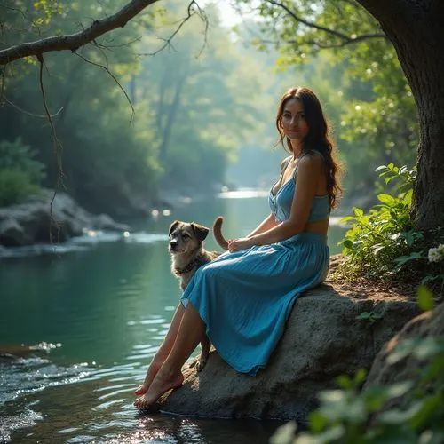 Un fondo de bosque con un rio en medio rocas y vegentacion. Una mujer madura hermosa con un top escotado azul falda corta azul y tacones altos azules sentada en una roca con un perro al lado. Foto ult