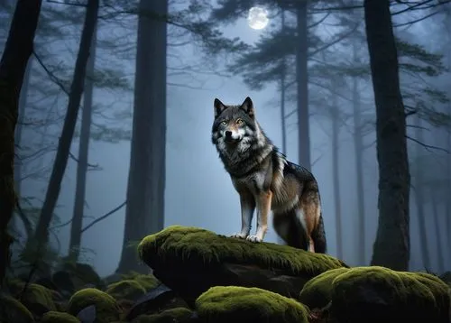 Lone wolf empath, majestic wild animal, piercing yellow eyes, fluffy gray fur, sharp claws, howling at night, full moon, misty forest, twilight atmosphere, ambient lighting, foggy mist, ancient trees,