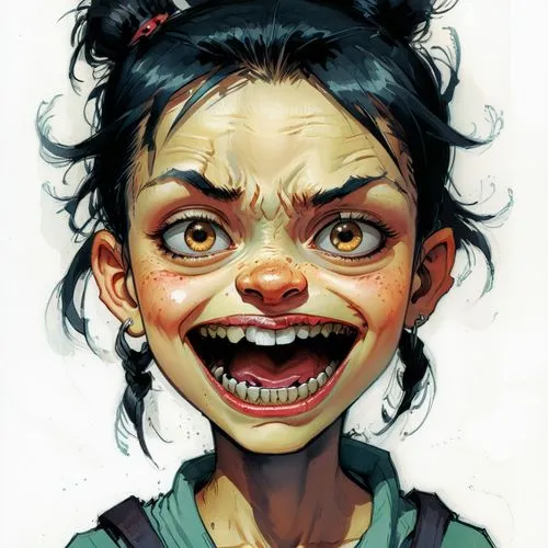 kommuna,kids illustration,twisty,horror clown,a girl's smile,girl portrait,creepy clown,scary clown,grotesque,ventriloquist,bucktooth,the little girl,pigtailed,toothy,sclera,combtooth,grin,halfling,neera,corben,Conceptual Art,Fantasy,Fantasy 08