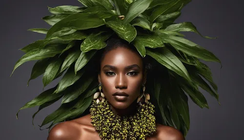 Compose a hauntingly beautiful song about the plantain-leaved leopard's-bane.,callaloo,laurel wreath,background ivy,girl in a wreath,rwanda,dryad,plant and roots,tropical greens,flora,african woman,na