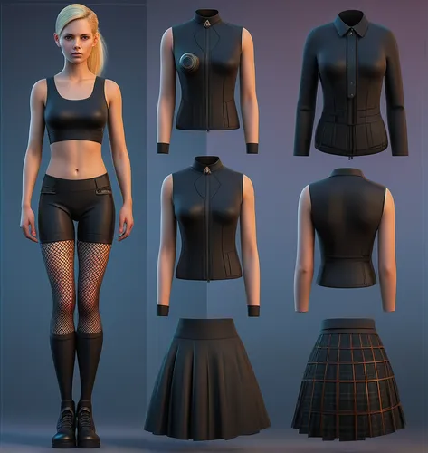 Paper doll cyberpunk blond haired girl in black sleeveless shirt ,black tight fit spandex shorts, fishnet and black boot standing surrounded by with a set of cyberpunk futuristic fashion clothing, shi