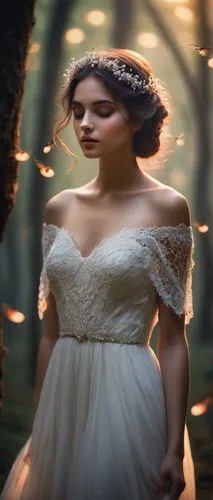 Mystical woman, wispy hair, delicate features, gentle eyes, subtle blush, bare shoulders, flowing white gown, intricate lace details, misty atmosphere, foggy forest, ancient trees, twinkling fireflies