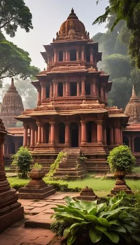 Gupta period architecture, ancient Indian temple, intricately carved stone walls, ornate pillars, domed roof, vibrant red sandstone, golden idols, delicate filigree, lush greenery surrounding, misty a