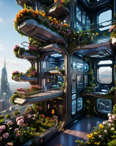 Biological laboratory on a starship, multi-story skyscraper terraces, flowers, trees, plants, space background,sky apartment,futuristic landscape,futuristic architecture,sky space concept,balcony gard