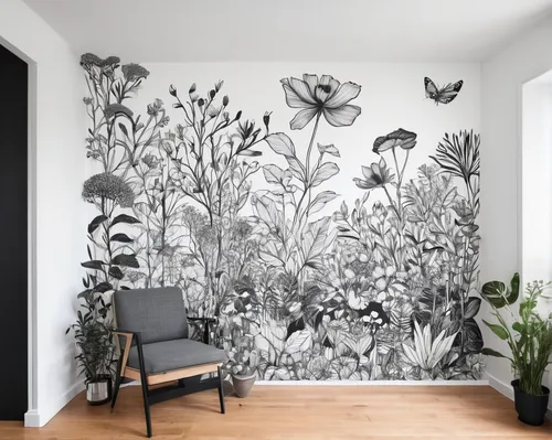 large scale mural painted with black pen on a wall to envelop the space and give it a garden like feel done by artist ,flower wall en,botanical print,wall sticker,wall painting,wall decoration,wall pa