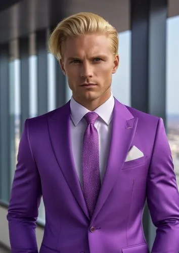 金发，紫色西装男子
,a man in a purple suit stands with his hands in his pockets,men's suit,purple,rich purple,wedding suit,the purple-and-white,a black man on a suit,Photography,General,Realistic