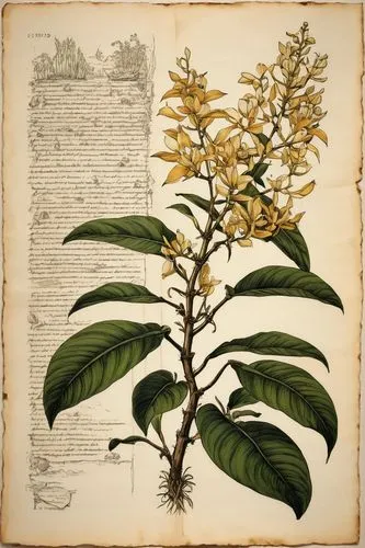 old paper page in encyclopedia, Botanical Ink Drawings, tropical vanilla plant, shades and lines, old manuscript, earthy tones, artistic technique and craftsmanship, Herbier Tonnellier,a plant with fl