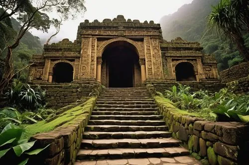 Incan architecture, ancient temple, stone walls, intricate carvings, vibrant textiles, golden ornaments, majestic entrance, stairs leading up, mysterious ambiance, misty atmosphere, dense jungle surro