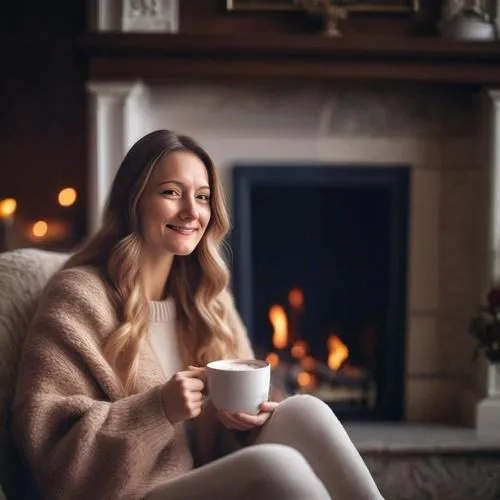 fireplace,a woman is smiling while drinking coffee on a couch,woman drinking coffee,coziness,hygge,warm and cozy,coziest,cuppa,cozying,warmth,cosy,cozily,cozy,cozier,blonde girl with christmas gift,cu