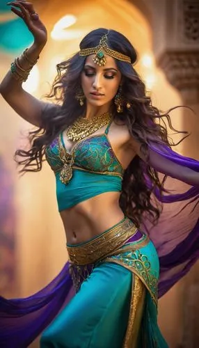 Female genie, Middle Eastern, magical, slender figure, bare midriff, exotic belly dancer costume, intricate gold accessories, flowing silk pants, transparent veil, mystical smoke, genie lamp, ornate A