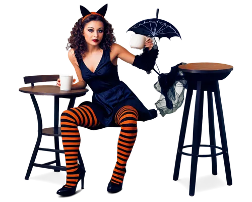 halloween scene,retro halloween,halloween coffee,derivable,halloween witch,woman drinking coffee,striped pumpkins,neon coffee,halloween background,retro woman,retro pin up girl,samhain,tea party collection,halloween black cat,cigarette girl,neon tea,woman at cafe,retro girl,café au lait,bewitching,Conceptual Art,Sci-Fi,Sci-Fi 14