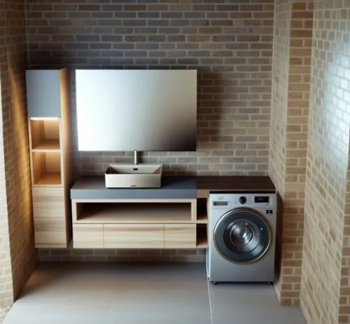 a picture of a washer inside of a brick room,heat pumps,smart home,electrolux,modern room,modern decor,smarthome,Photography,General,Realistic