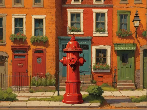 Paint a picture with words of a charming street hydrant in a quaint village.,hydrant,fire hydrants,fire hydrant,water hydrant,above-ground hydrant,post box,standpipe,gas lamp,letter box,lamp post,red 