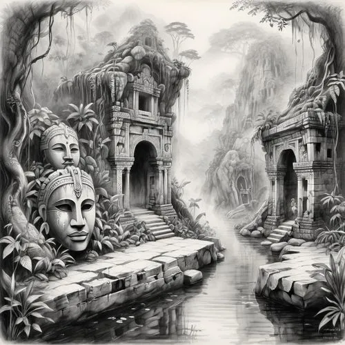 angkor,khmer,phanom,kinnara,angkor thom,ancient city,Illustration,Black and White,Black and White 30