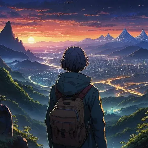 meteora,studio ghibli,mountain sunrise,dusk background,mountain world,violet evergarden,darjeeling,dusk,the horizon,traveler,would a background,mountain,above the city,travelers,mountains,wanderer,journey,evangelion,overlook,horizon,Art,Classical Oil Painting,Classical Oil Painting 42