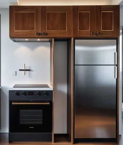 a kitchen setup with melamine wood colored cabinets ,a large silver refrigerator next to a stove and sink,dark cabinetry,dark cabinets,frigidaire,dumbwaiter,modern kitchen interior,refrigerator,cabine