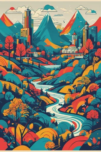 travel poster,mountain scene,autumn mountains,cool woodblock images,kamchatka,woodblock prints,autumn landscape,mountainous landscape,albuquerque,andorra,mountain landscape,river landscape,basotho,mount wilson,yunnan,ticino,hokkaido,fall landscape,japanese alps,vail,Illustration,Vector,Vector 06