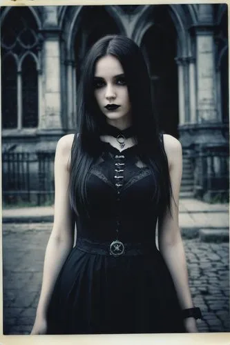 An ultra detailed, a beautiful goth girl with long straight hair in a short black dress is walking through a gothic city, moonlight, gothic fashion, dark fantasy style, hyper realistic, realism, digit