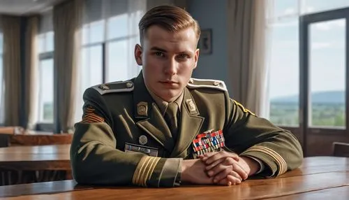 A solder in his uniform sitting on a dining table,a man sitting at a wooden table with medals on his hands,richthofen,stauffenberg,tannenberg,fegelein,krenek,wolfenstein