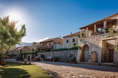 a group of buildings on the side of a road with stone walls,monemvasia,peloponnese,masseria,provencal,provencal life,hvar,stone houses,provence,chios,casabella,agritubel,tuff stone dwellings,nafplio,g