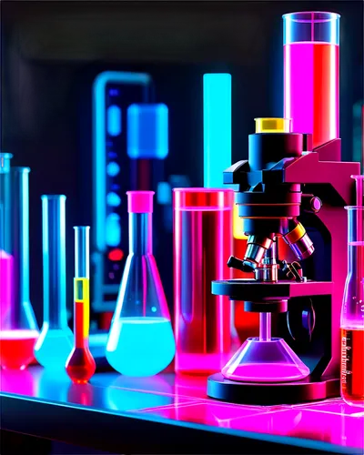 Microscope, laboratory equipment, various scientific tools, test tubes, beakers, petri dishes, colorful chemical liquids, molecular structures, 3D models, futuristic sci-fi ambiance, neon lighting, da