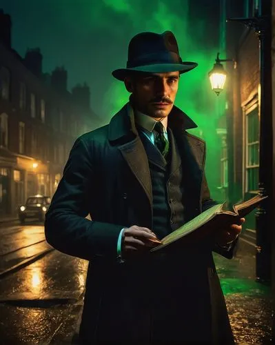 Mysterious investigator, 1920s, male, dark suit, white shirt, black tie, fedora hat, trench coat, detective's magnifying glass, eerie atmosphere, dimly lit study, old leather-bound tomes, scattered pa