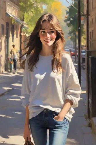oil painting,digital painting,oil on canvas,oil painting on canvas,girl portrait,girl in a historic way,world digital painting,photo painting,girl walking away,woman walking,city ​​portrait,girl in a long,young woman,a girl's smile,a pedestrian,pedestrian,oil paint,artist portrait,portrait of a girl,girl in t-shirt,Digital Art,Impressionism