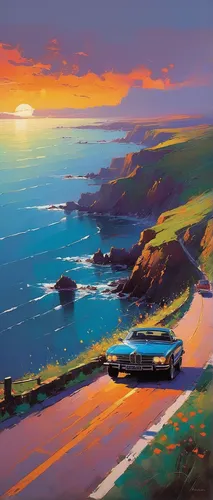 Write a story about a luxury car cruising along a scenic coastal road.,coastal landscape,pacific coast highway,coastal road,coast sunset,navajo bay,highway 1,pacific coastline,beach landscape,cliff co