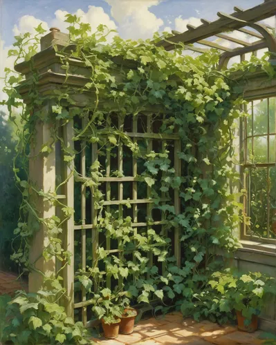 Explain how a tendril slowly coils around a trellis, supporting a thriving vine.,pergola,ivy frame,trellis,greenhouse,conservatory,grape vines,flowering vines,vine plants,hanging geraniums,hydrangeas,