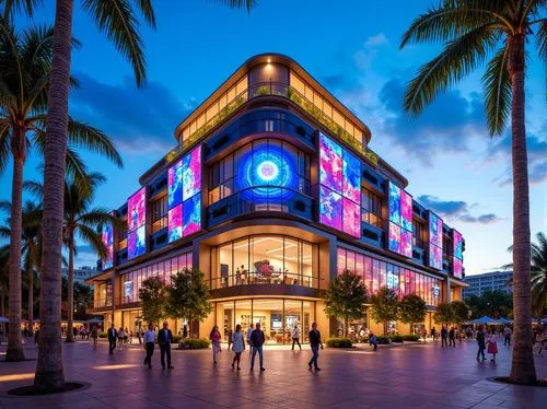 Vibrant casino facade, neon lights, dynamic LED displays, curved glass surfaces, metallic accents, futuristic architecture, bold geometric patterns, luxurious materials, lavish decorations, grand entr