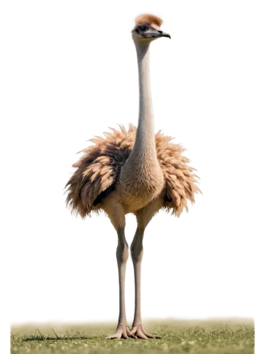 Large ostrich, standing, adult, brown feathers, long neck, small head, black eyes, strong legs, claws, grassland background, warm sunlight, 3/4 composition, shallow depth of field, natural texture, so