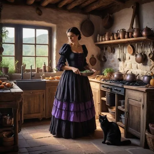 girl in the kitchen,victorian kitchen,girl with bread-and-butter,cookery,country dress,dressmaker,woman holding pie,the kitchen,candlemaker,kitchen,milkmaid,la violetta,laundress,girl in a long dress,seamstress,vintage kitchen,victorian lady,girl in a historic way,housework,kitchen interior,Photography,General,Natural