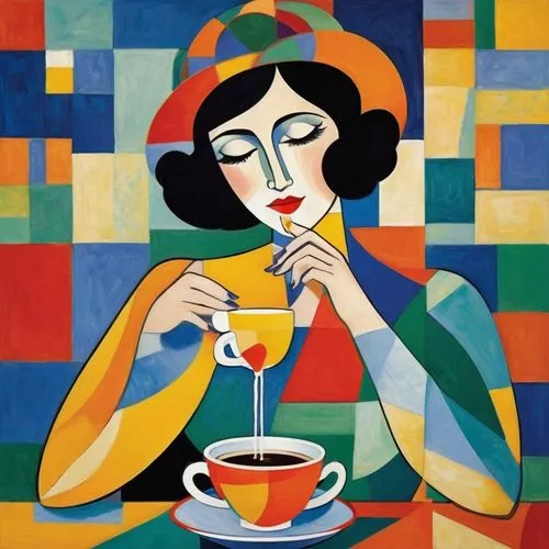 woman drinking coffee,art deco woman,woman at cafe,coffee tea illustration,mcfetridge,woman with ice-cream,wesselmann,metzinger,girl with cereal bowl,tea drinking,poiret,giorgini,art deco,café au lait,bluemner,guillemin,blohowiak,parisian coffee,women at cafe,leger,Art,Artistic Painting,Artistic Painting 45