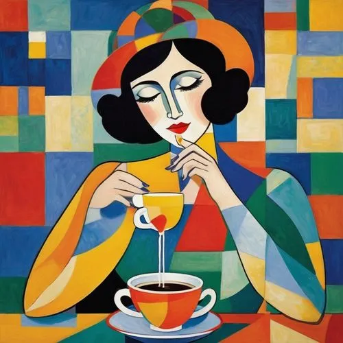 A woman sipping coffee in the style of Henri Matisse and Gustav Klimt, colorful,woman drinking coffee,art deco woman,woman at cafe,coffee tea illustration,mcfetridge,woman with ice-cream,wesselmann,me