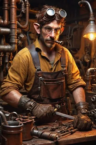 Kobold, tinkerer, male, messy brown hair, goggles on forehead, leather apron, tool belt, rusty spanner, wooden workbench, cluttered workshop, steam pipes, dim lighting, industrial background, intricat