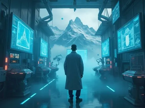 Futuristic laboratory, mountainous surroundings, majestic snow-capped peaks, misty atmosphere, futuristic architecture, sleek metallic walls, neon lights, holographic projections, robotic arms, advanc