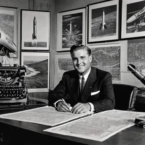 Show me the  modern 1939 design office bureaux in the year 1944 of rocket designer Wernher von Braun, standing in front of his huge desk full of various technical drawings and photos of various rocket