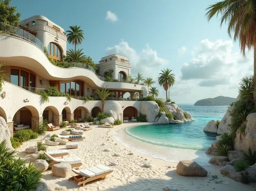 Renaissance style beach design, sustainable practices, eco-friendly architecture, curved lines, ornate details, white stone walls, green roofs, wooden accents, large windows, natural ventilation, sola