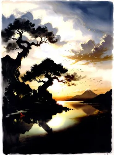 evening lake,lake tanuki,sayama lake,an island far away landscape,world digital painting,landscape background,Illustration,Paper based,Paper Based 30